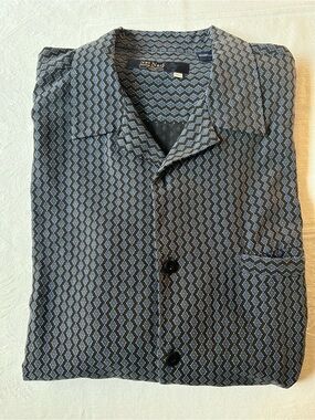 Nat Nast Men’s Black Silk Shirt with Light Blue Geometric Print XL